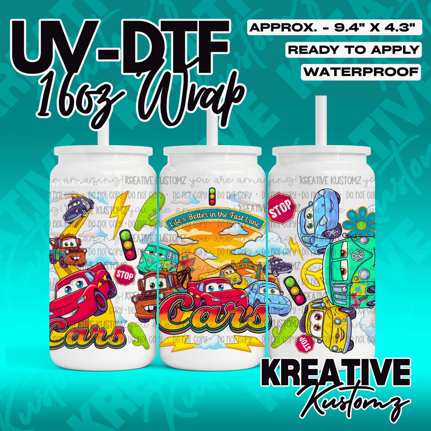 A Cars themed UV DTF adhesive wrap for a 16oz glass cup featuring colorful character designs.