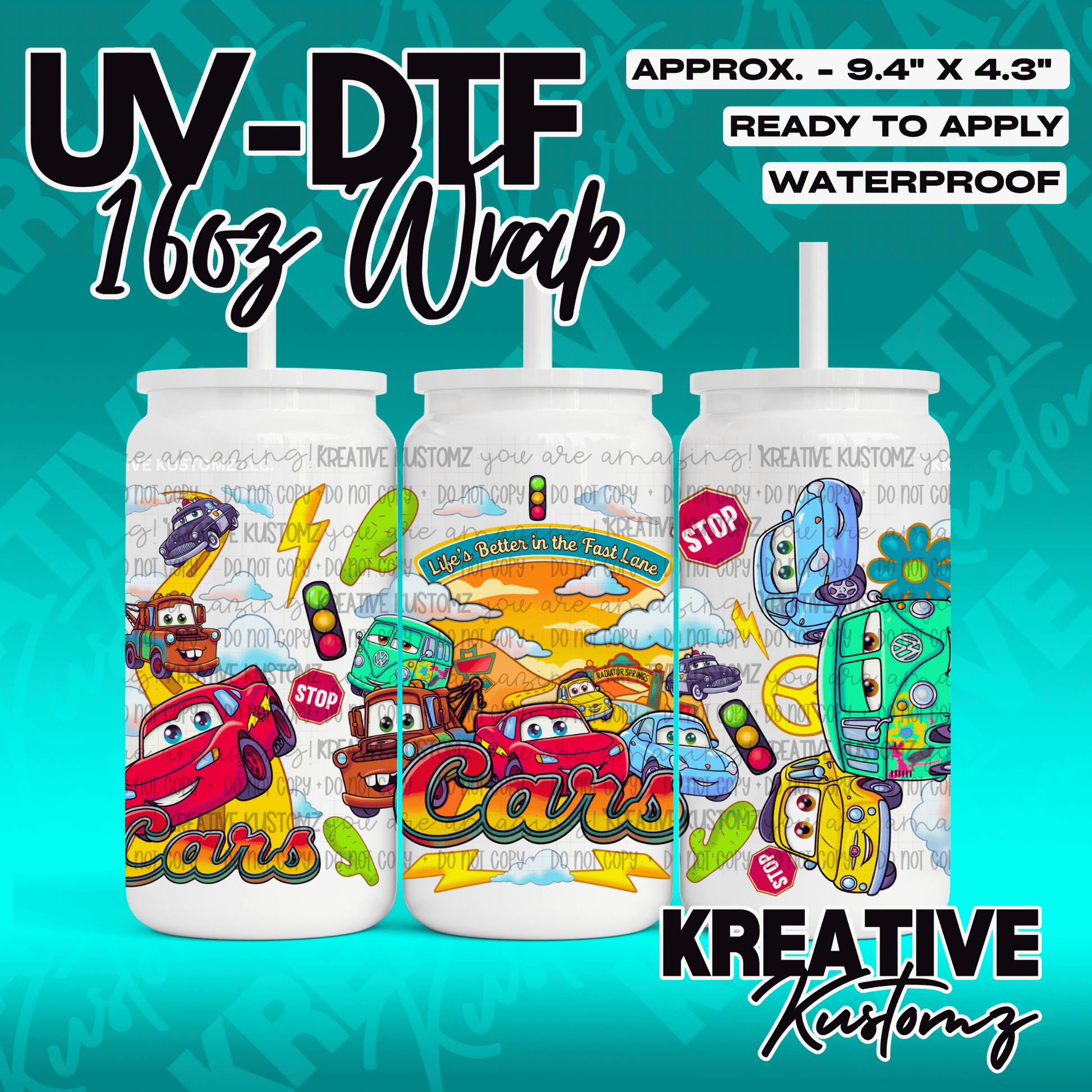 A Cars themed UV DTF adhesive wrap for a 16oz glass cup featuring colorful character designs.