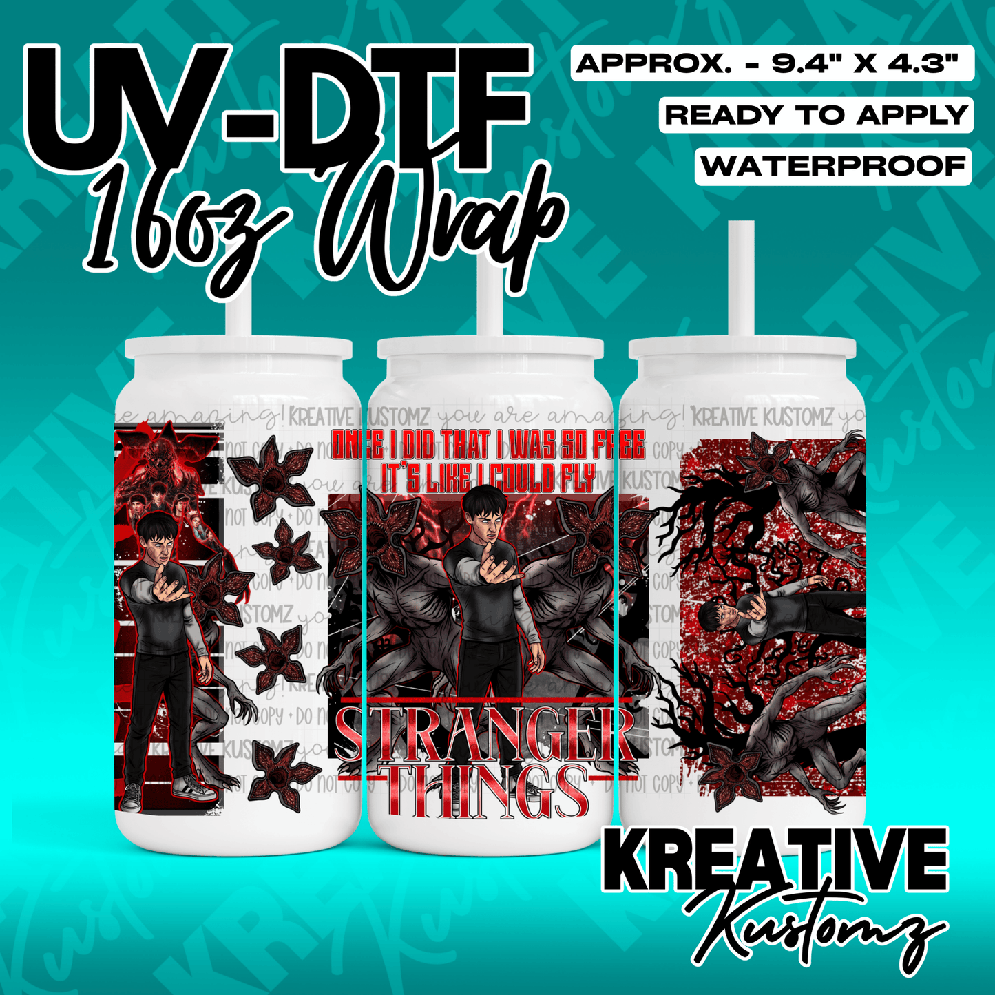 A Stranger Things themed UV DTF adhesive wrap for 16oz glass cans featuring character graphics.