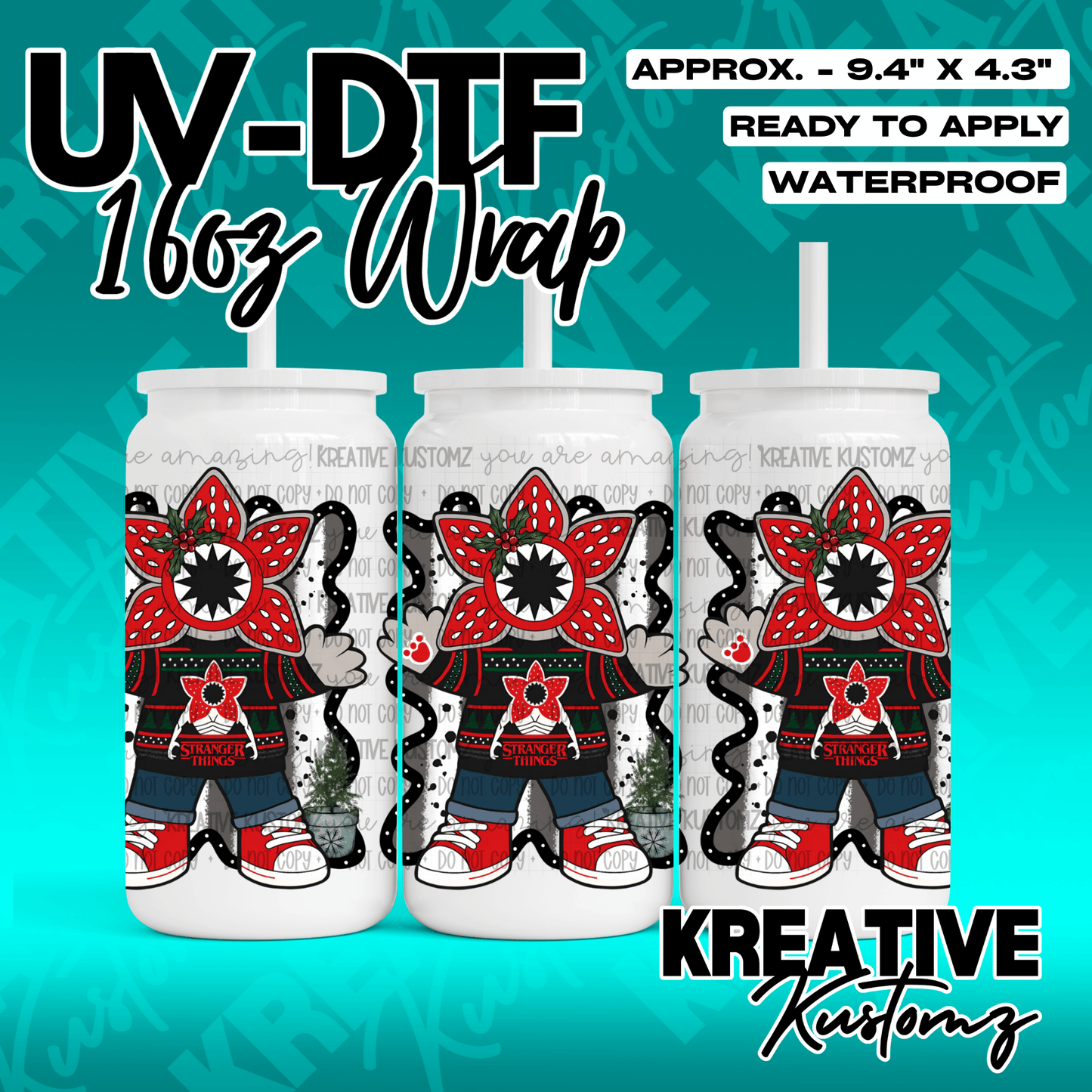 A Stranger Things themed UV DTF adhesive wrap featuring a Demogorgon character for 16oz glass cans.