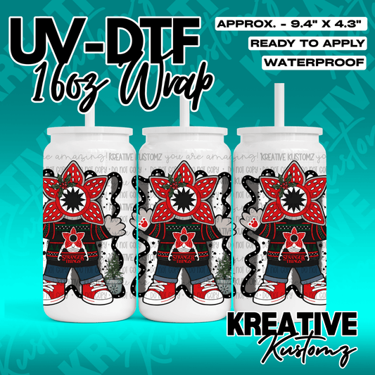 A Stranger Things themed UV DTF adhesive wrap featuring a Demogorgon character for 16oz glass cans.