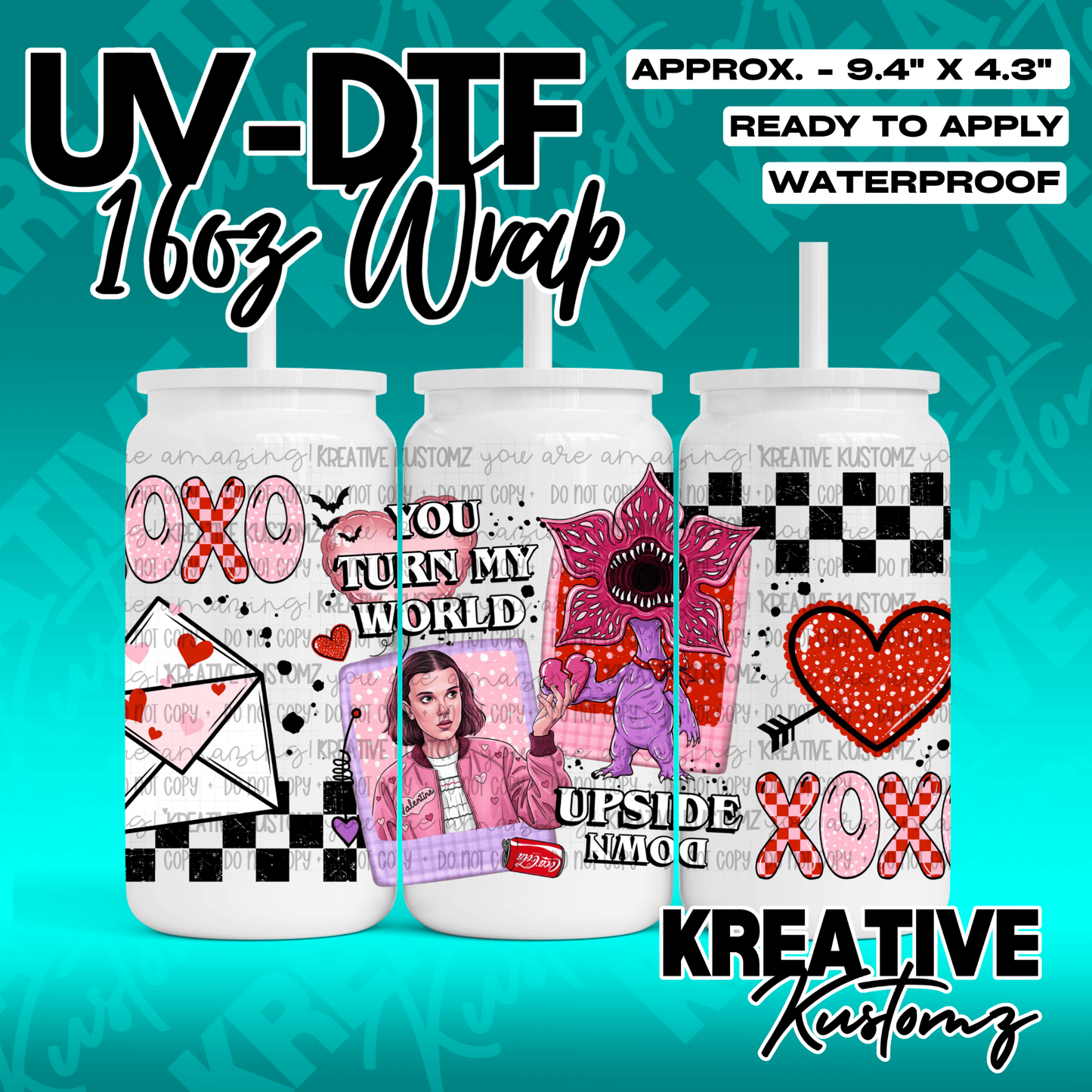 A Stranger Things themed UV DTF adhesive wrap for a 16oz glass can featuring character art.