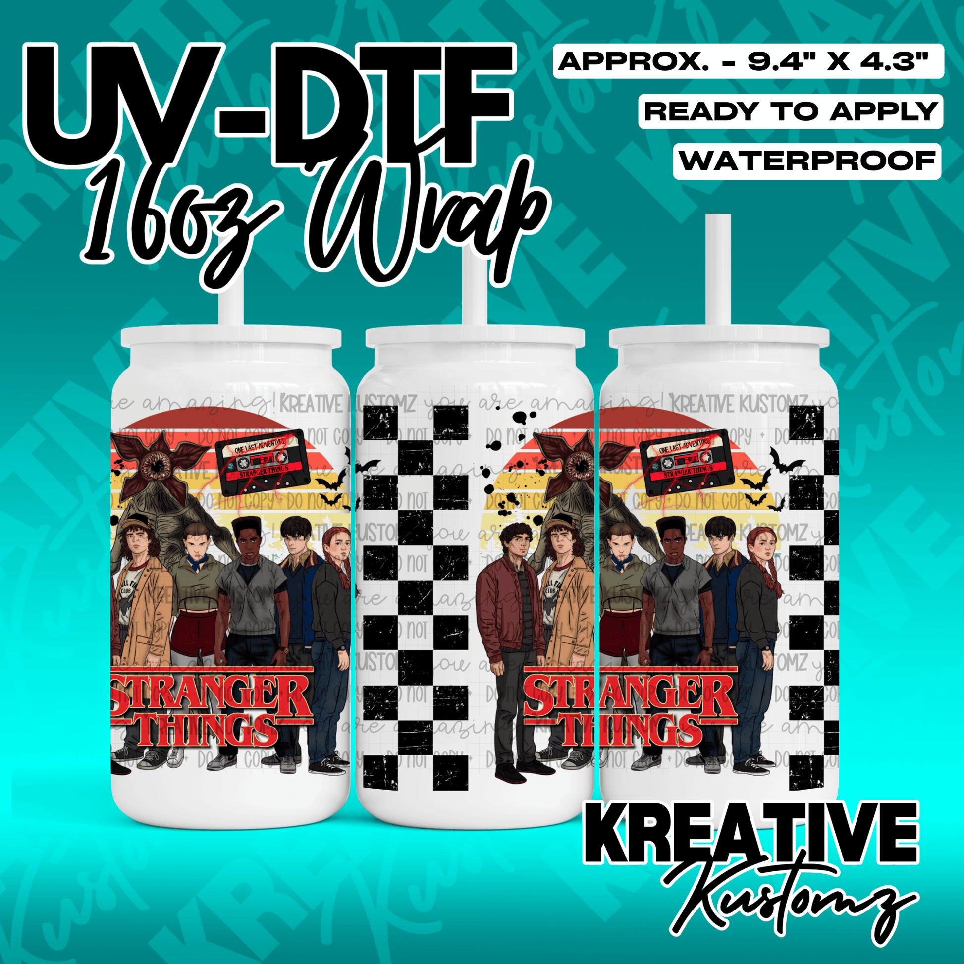 A Stranger Things themed UV DTF adhesive wrap for 16oz glass cans featuring character illustrations.