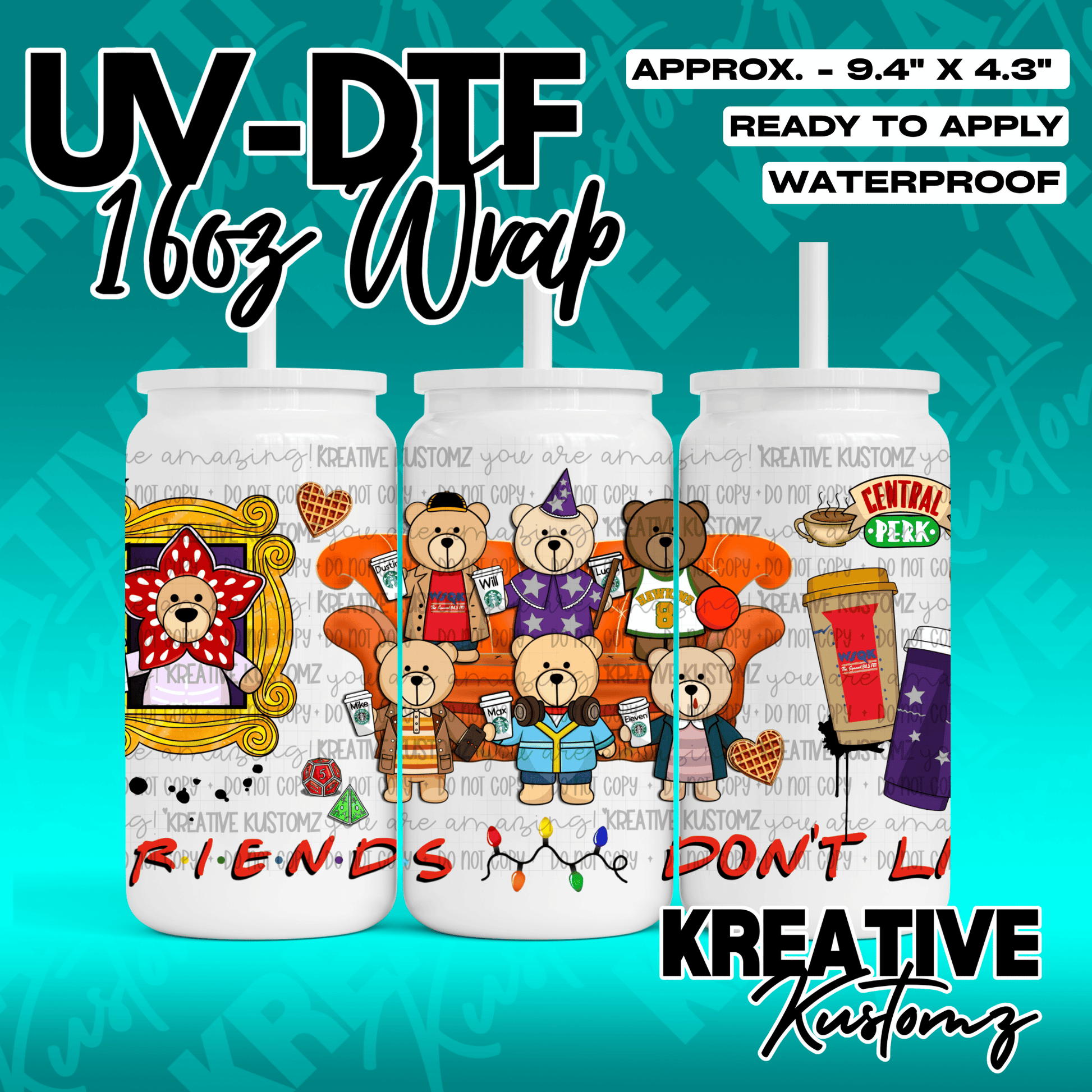 A UV DTF cup wrap featuring teddy bears dressed as Stranger Things characters on a sofa.