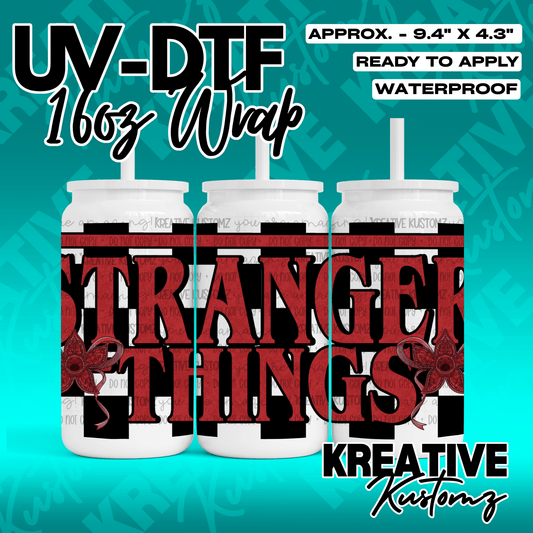 A Stranger Things themed UV DTF adhesive wrap for a 16oz glass can.