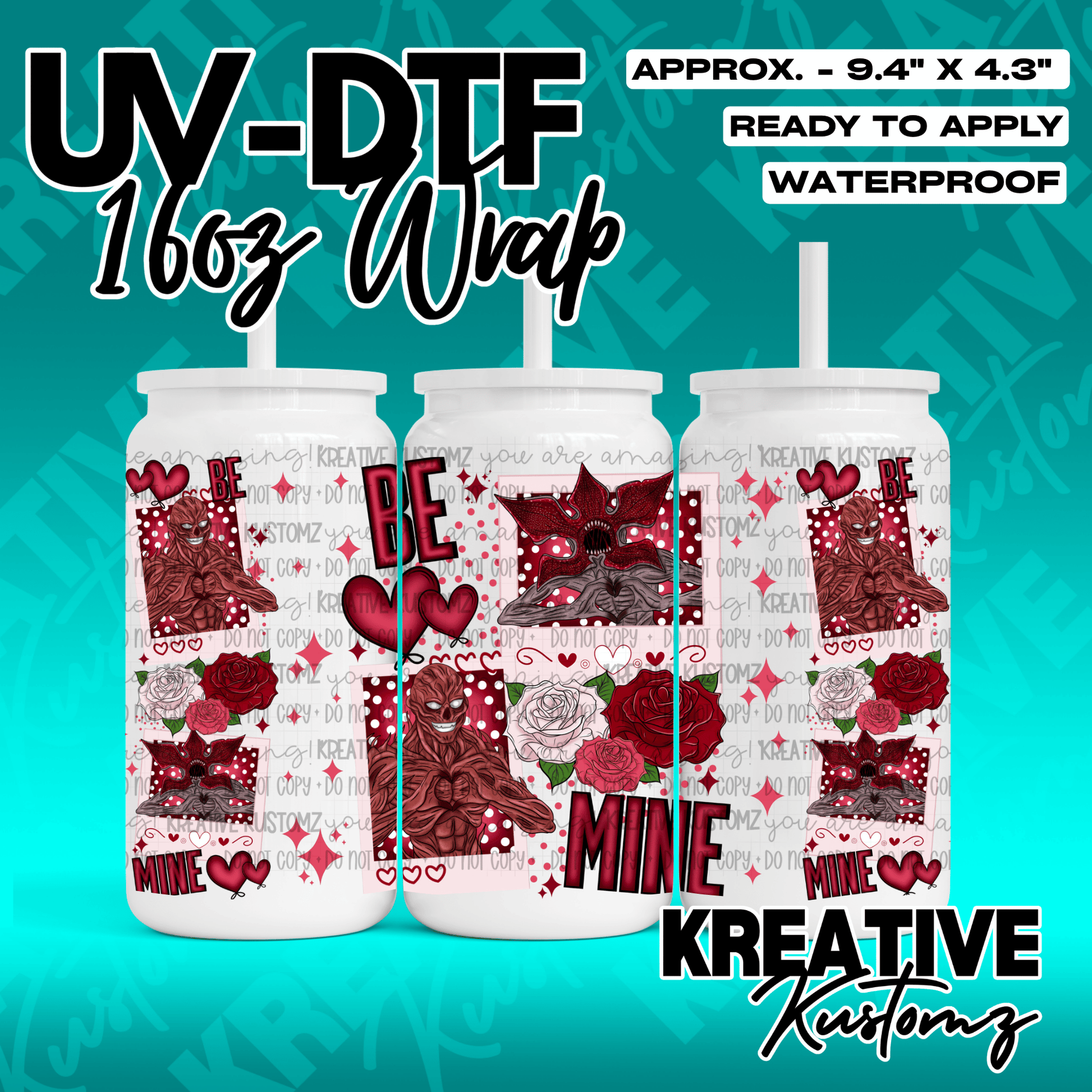 A UV DTF wrap for a 16oz glass can featuring a Valentine theme with monsters and roses.