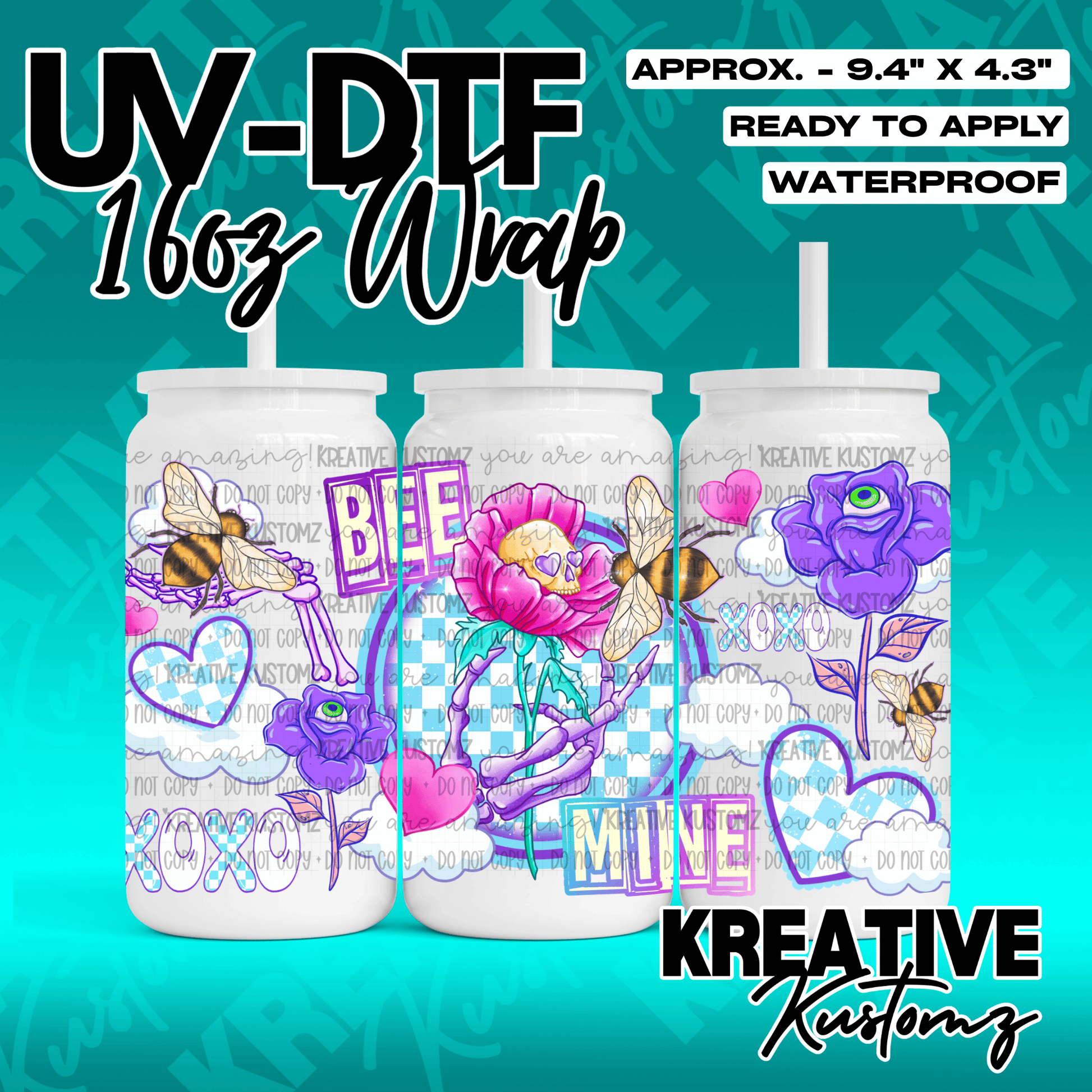 A UV DTF cup wrap featuring bees, skulls, flowers, and hearts on a checkered background.