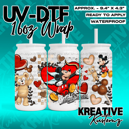 A UV DTF adhesive wrap for 16oz glass cans featuring a Mickey Mouse and teddy bear theme.