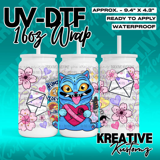 A UV DTF wrap for a 16oz glass cup featuring a blue cat, flowers, and food illustrations.