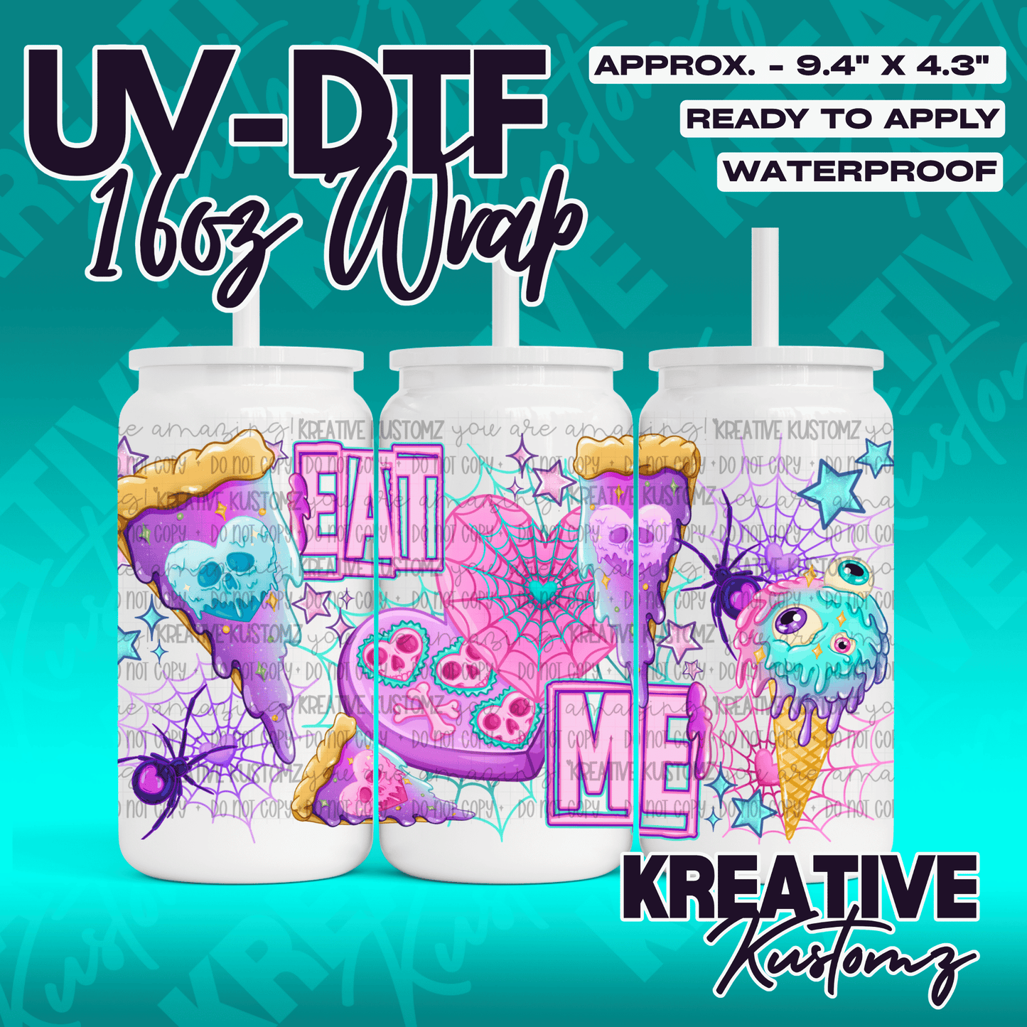 A UV DTF adhesive wrap for 16oz glass cans featuring a spooky food theme with skulls and spiders.