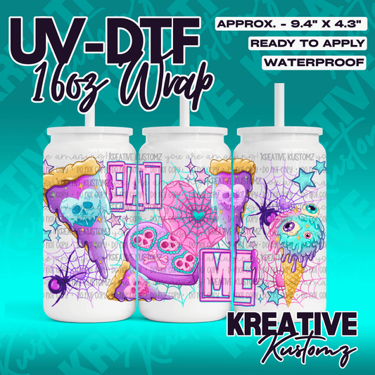 A UV DTF adhesive wrap for 16oz glass cans featuring a spooky food theme with skulls and spiders.