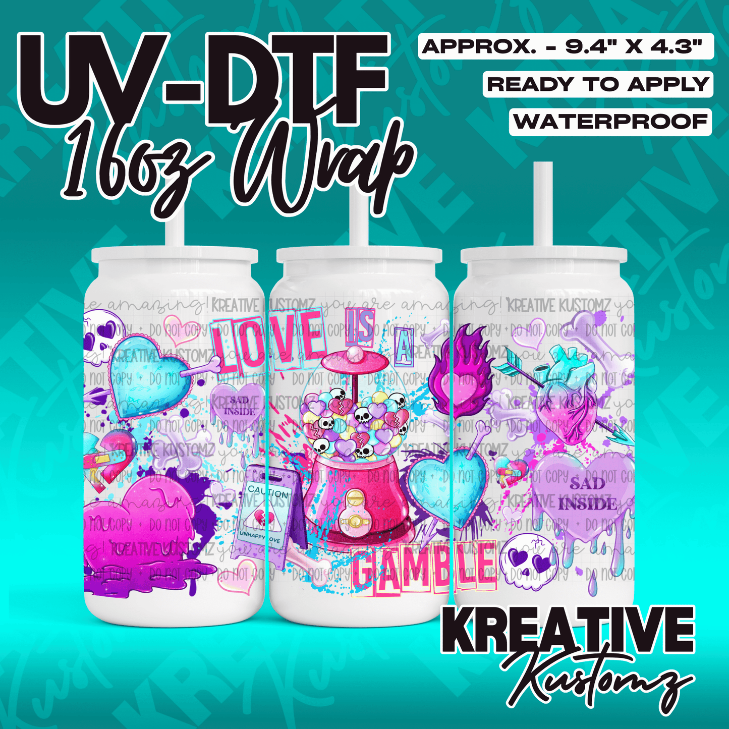 A UV DTF adhesive wrap for 16oz glass cans featuring a vibrant love and skull themed design.
