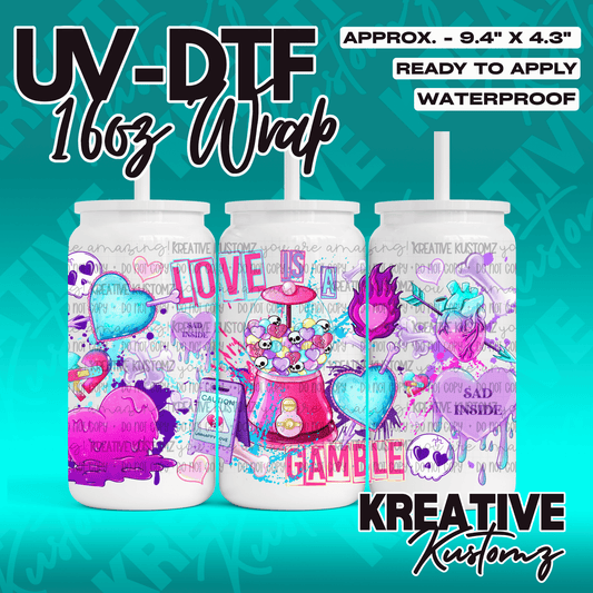 A UV DTF adhesive wrap for 16oz glass cans featuring a vibrant love and skull themed design.
