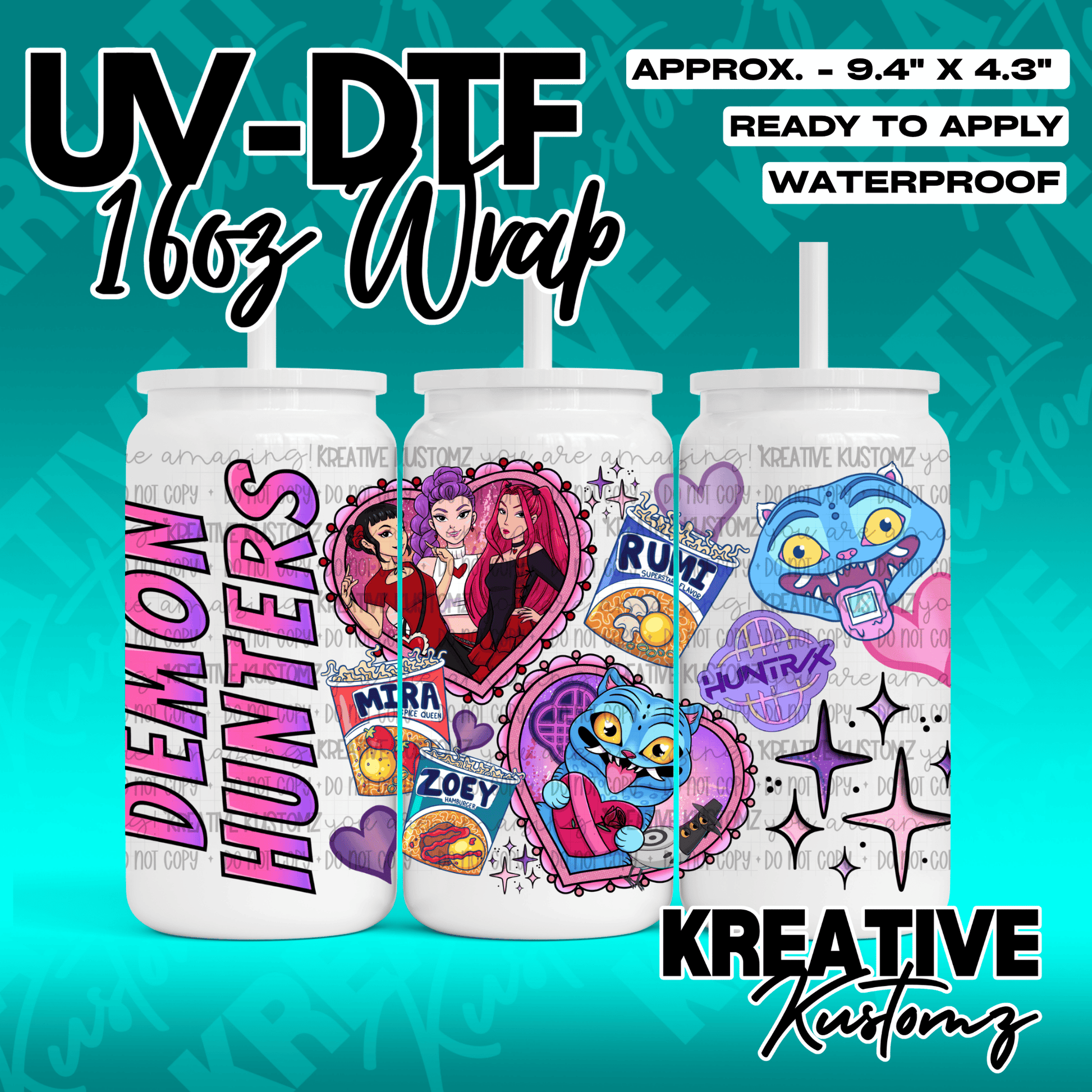 A UV DTF adhesive wrap for 16oz glass cans featuring anime-style characters and food illustrations.