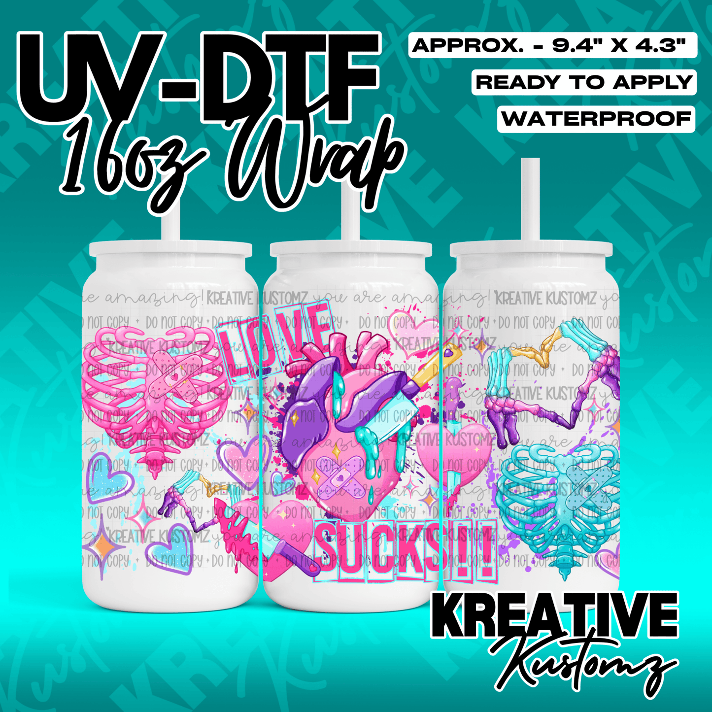 A vibrant UV DTF adhesive wrap for 16oz glass cans featuring anatomical heart and skeleton designs.