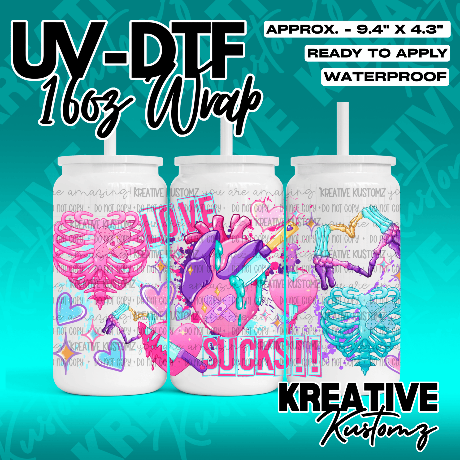 A vibrant UV DTF adhesive wrap for 16oz glass cans featuring anatomical heart and skeleton designs.