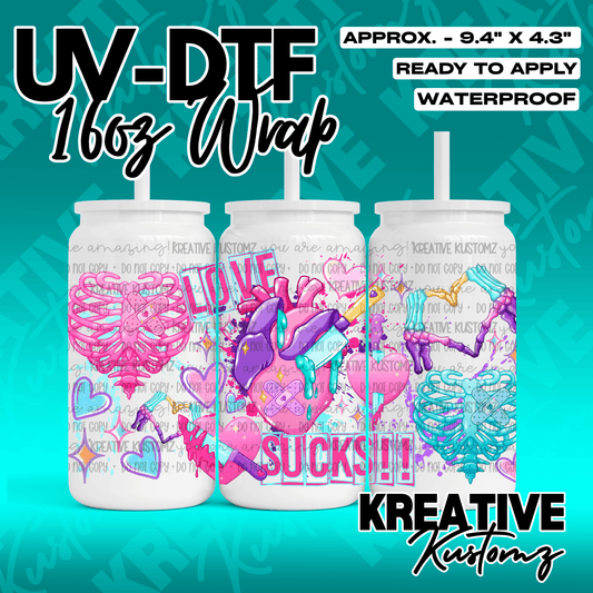 A vibrant UV DTF adhesive wrap for 16oz glass cans featuring anatomical heart and skeleton designs.
