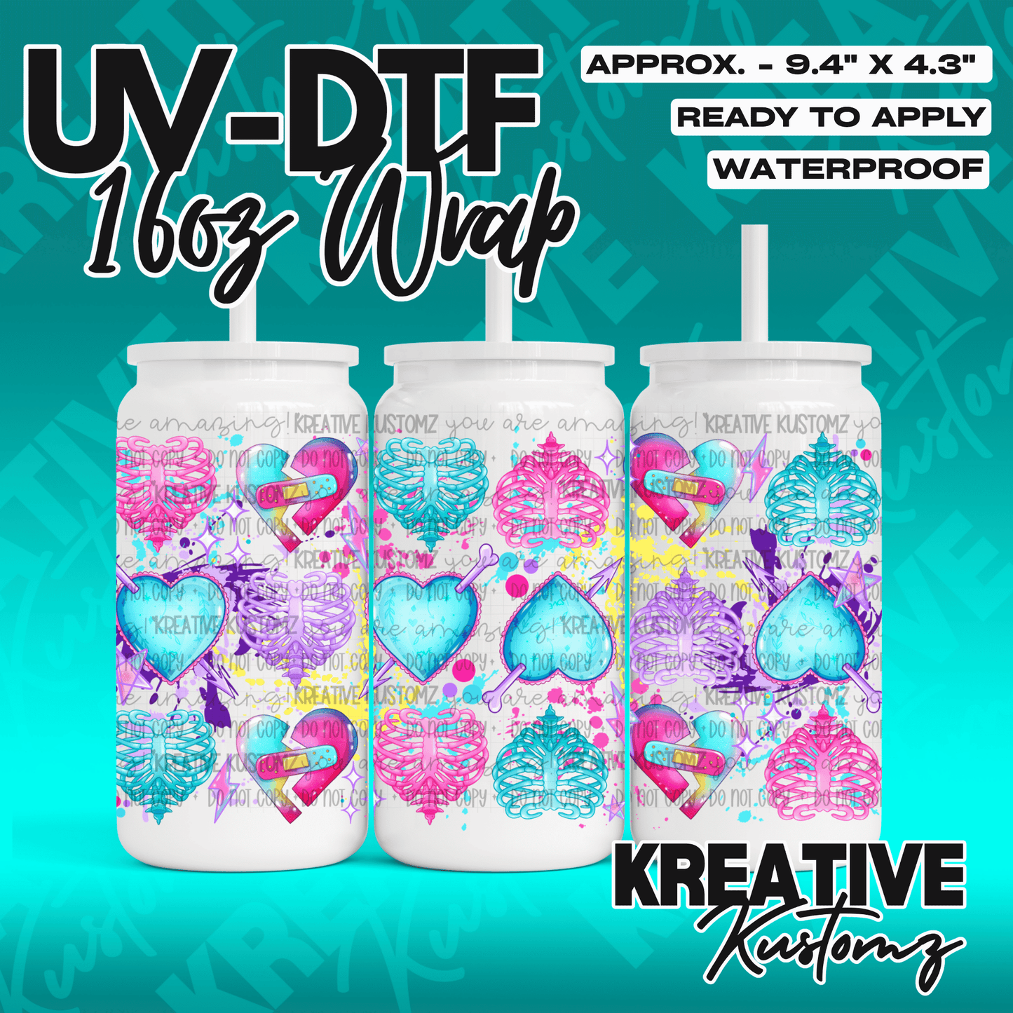 A UV DTF adhesive wrap for a 16oz glass can featuring a pink and blue heart and ribcage pattern.
