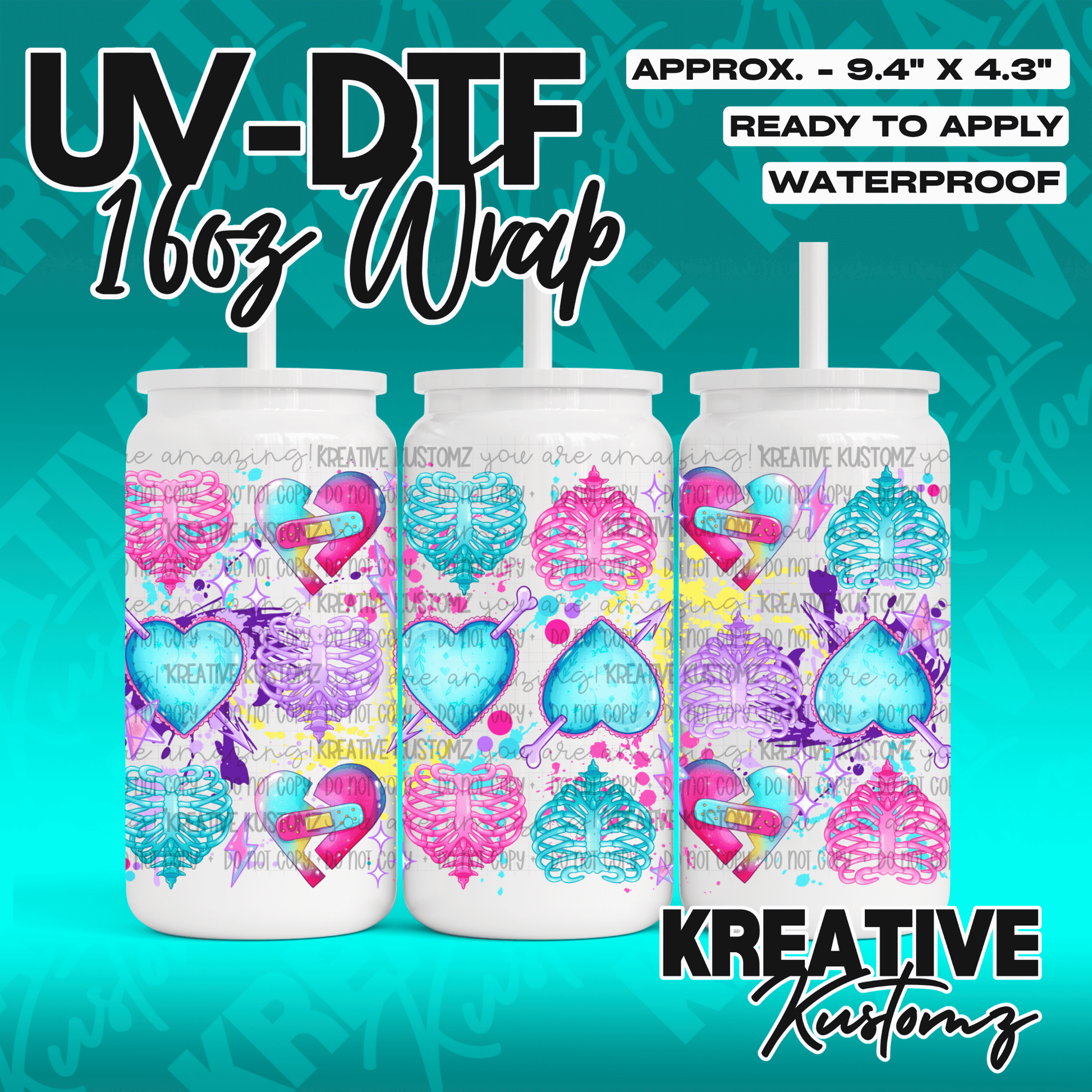 A UV DTF adhesive wrap for a 16oz glass can featuring a pink and blue heart and ribcage pattern.