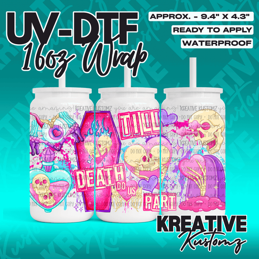 A UV DTF adhesive wrap for 16oz glass cans featuring a pink and blue skull and coffin design.