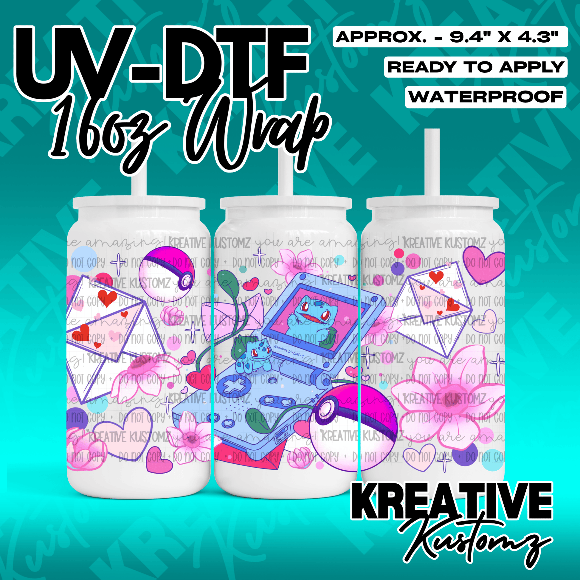 A UV DTF adhesive cup wrap featuring a Pokemon theme with a Gameboy and floral designs.