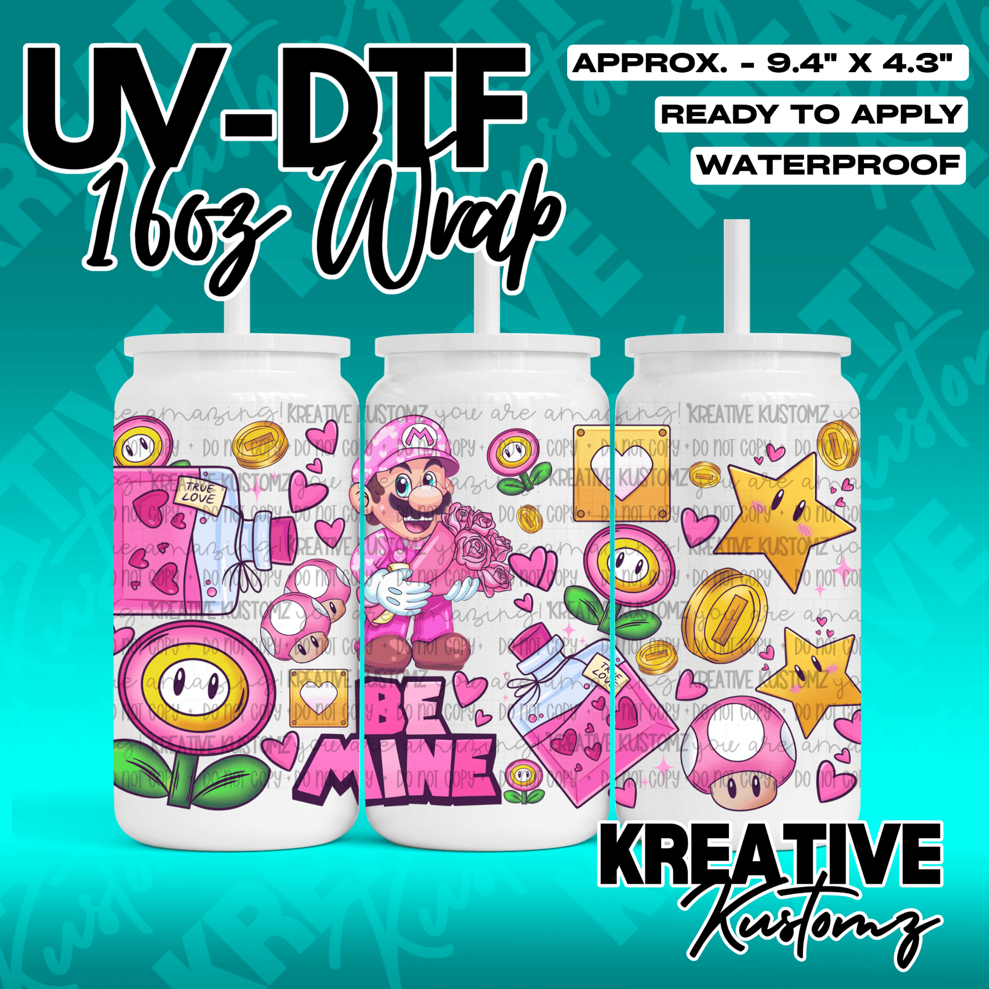 A Mario-themed UV DTF cup wrap featuring hearts, flowers, and coins for a 16oz glass can.