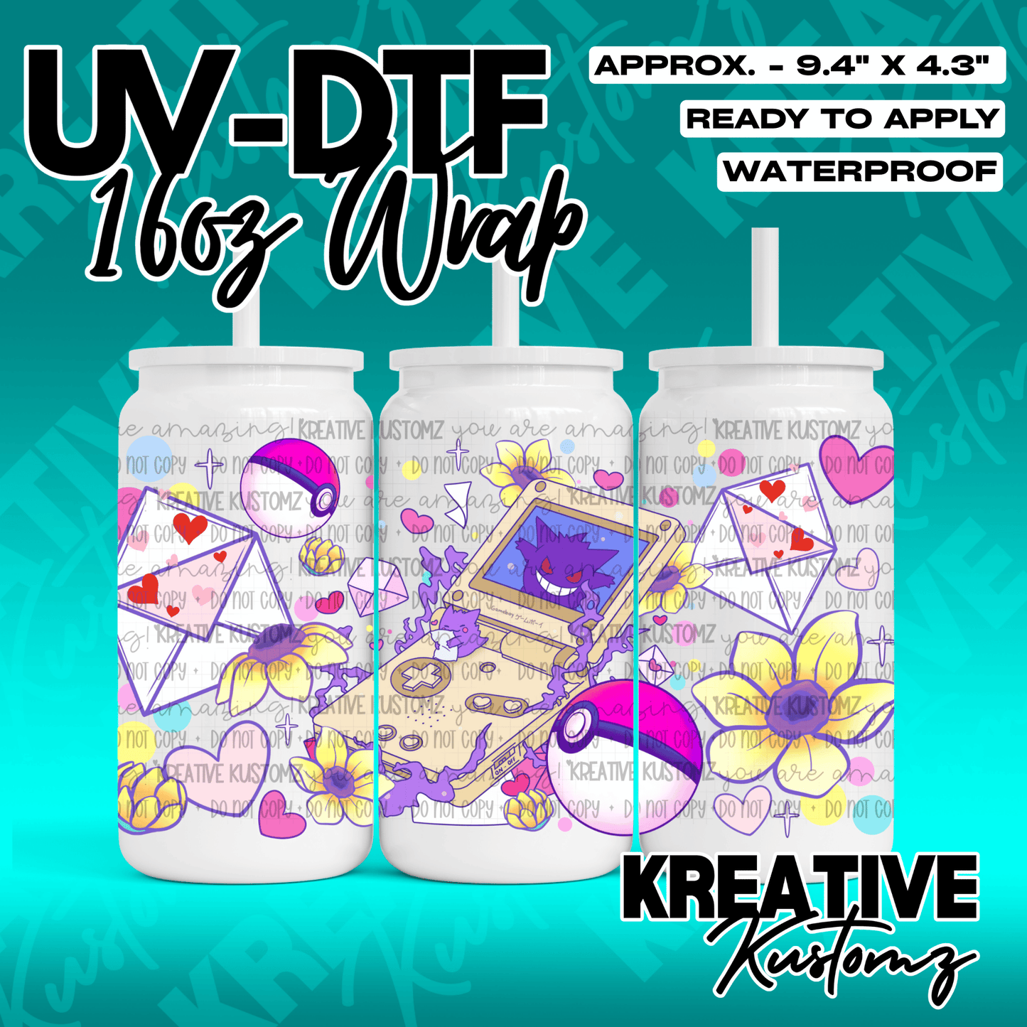 A UV DTF adhesive wrap for 16oz glass cans featuring a Gengar and Gameboy themed design.