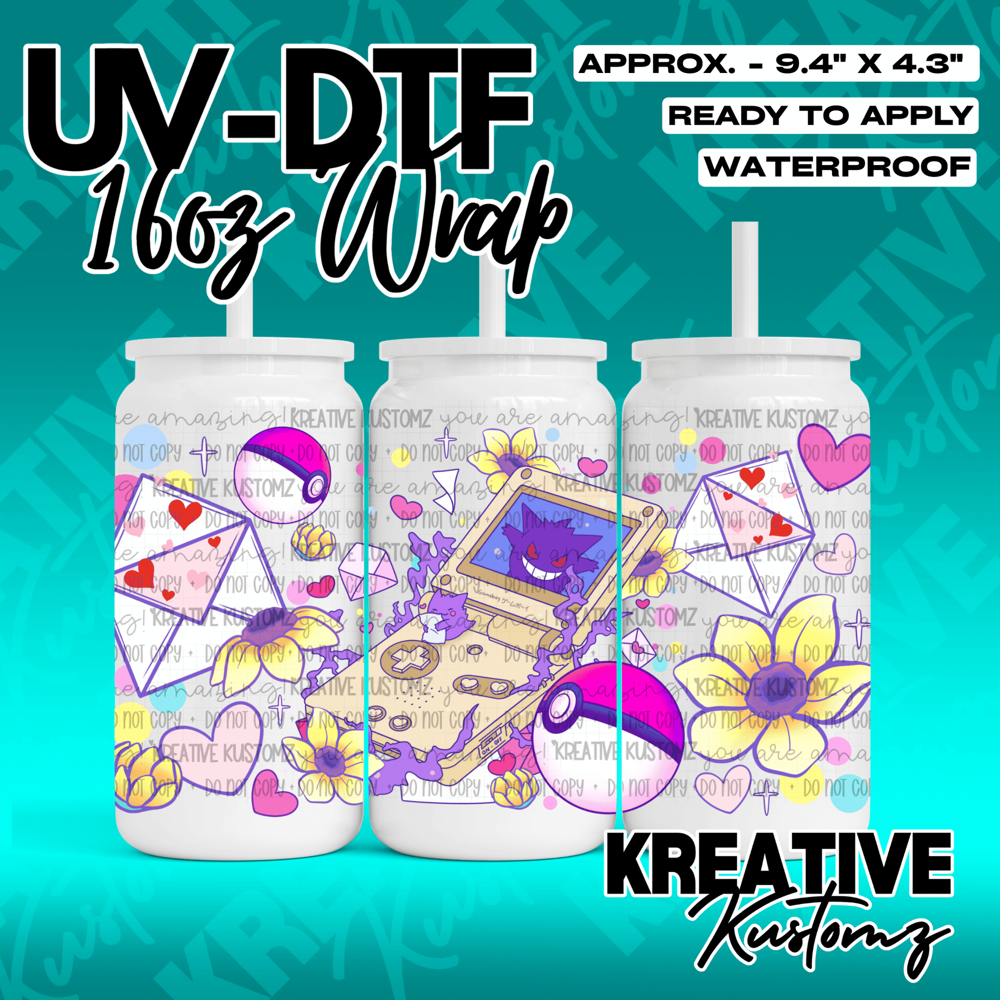 A UV DTF adhesive wrap for 16oz glass cans featuring a Gengar and Gameboy themed design.
