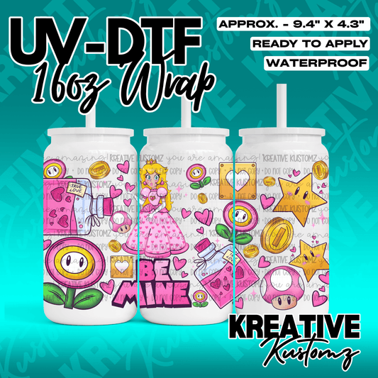 A Princess Peach themed UV DTF adhesive wrap for a 16oz glass can featuring hearts and coins.