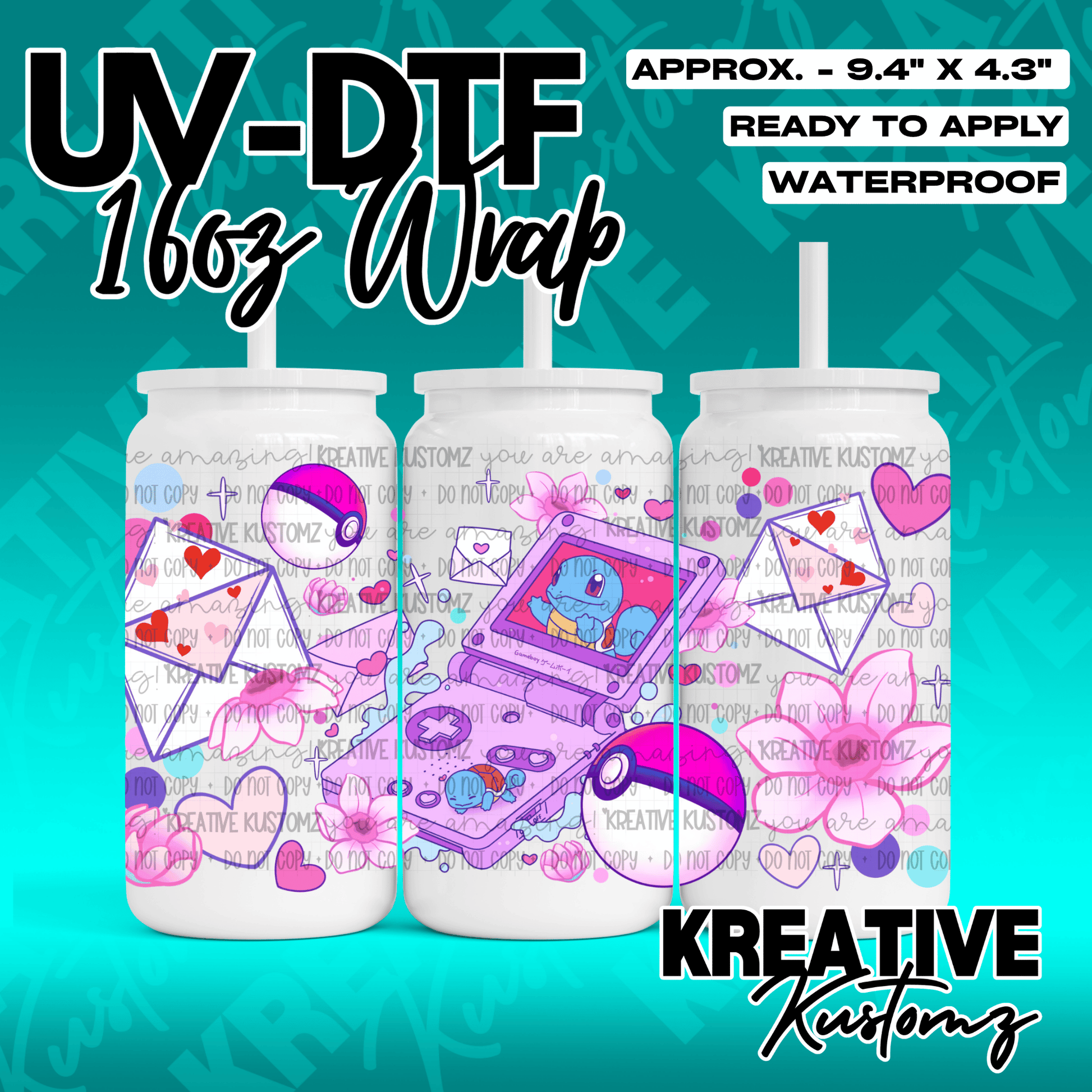 A UV DTF adhesive wrap for a 16oz glass cup featuring a pink Pokemon and gaming theme.