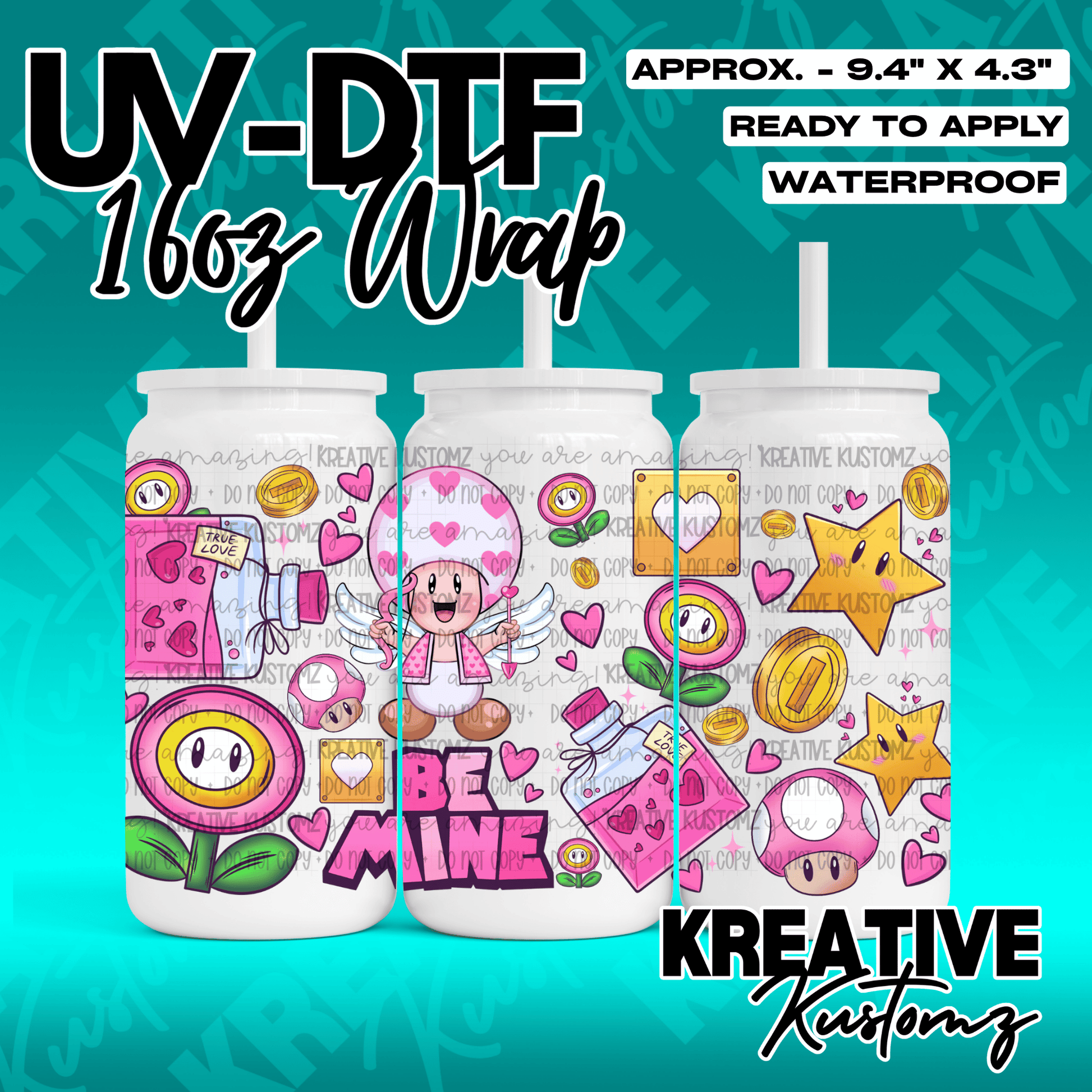A floral UV DTF cup wrap featuring Toadette and Mario-themed icons for 16oz glass cans.