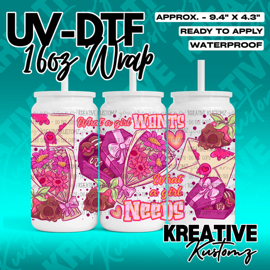 A UV DTF cup wrap featuring pink flowers, chocolates, and hearts for 16oz glass cans.