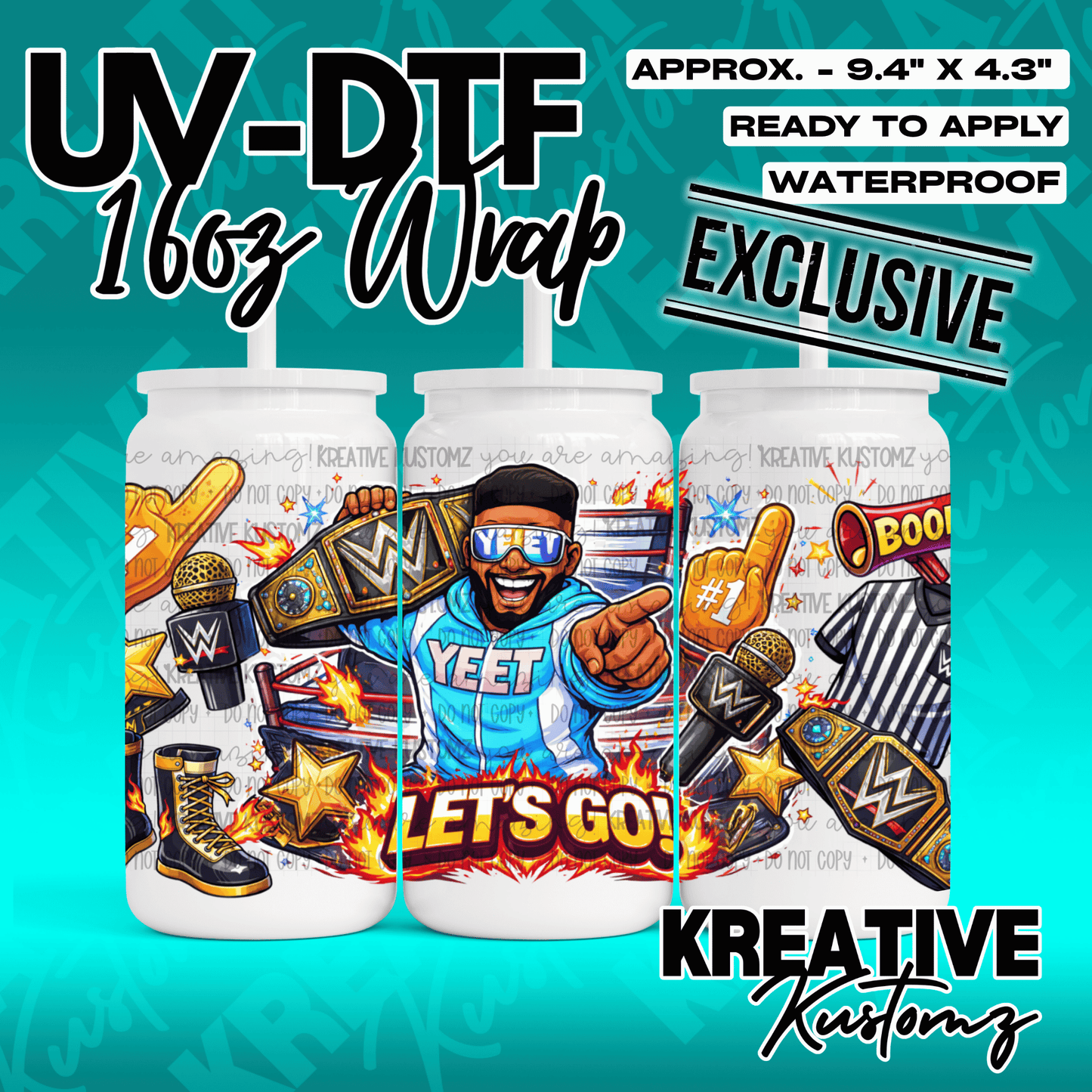 A wrestling-themed UV DTF wrap for a 16oz glass can featuring a wrestler and championship belts.