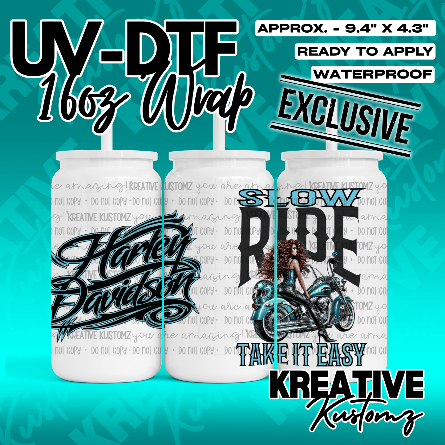 A Harley Davidson themed UV DTF wrap for a 16oz glass can featuring a woman on a motorcycle.