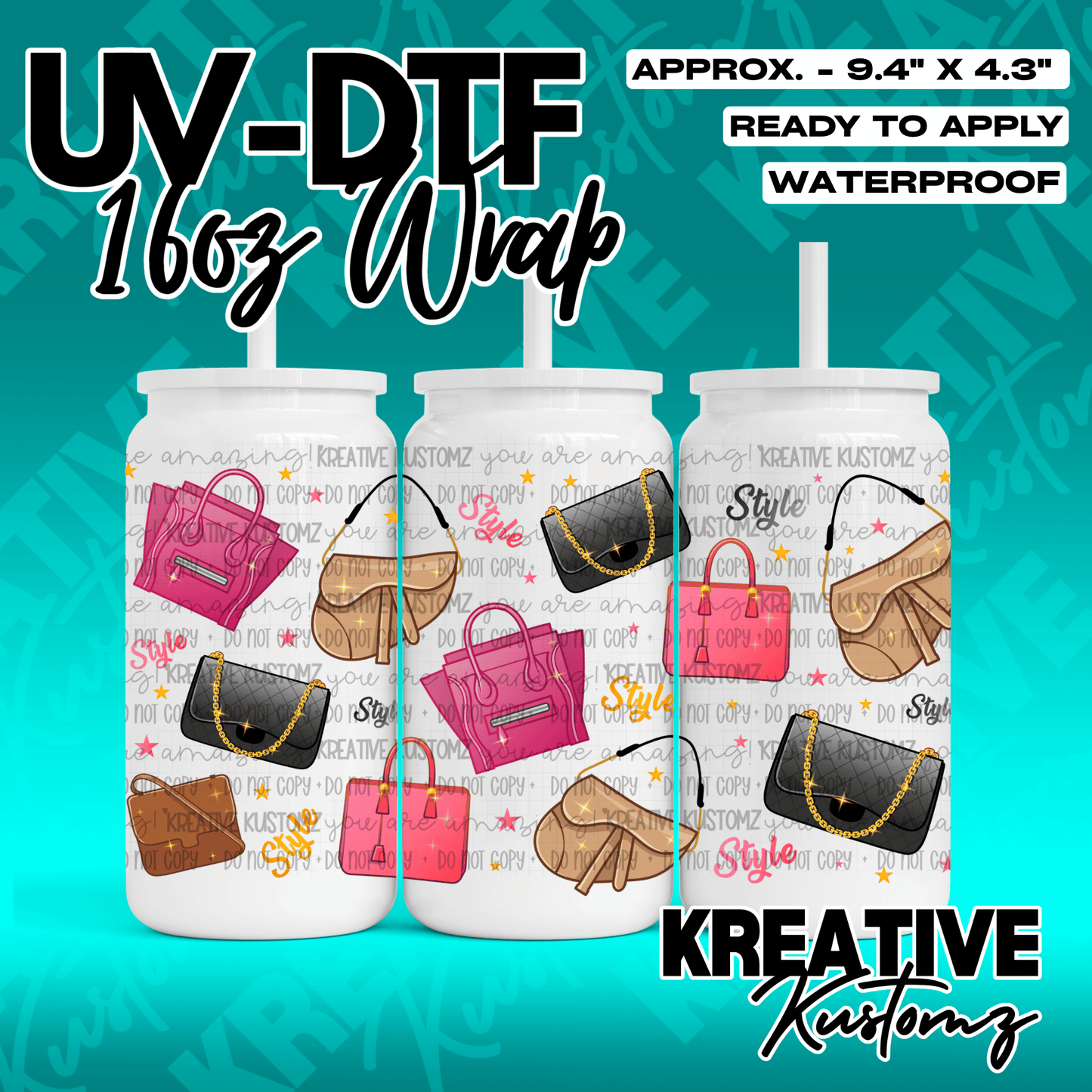 A UV DTF adhesive wrap for 16oz glass cans featuring a pattern of various designer handbags.