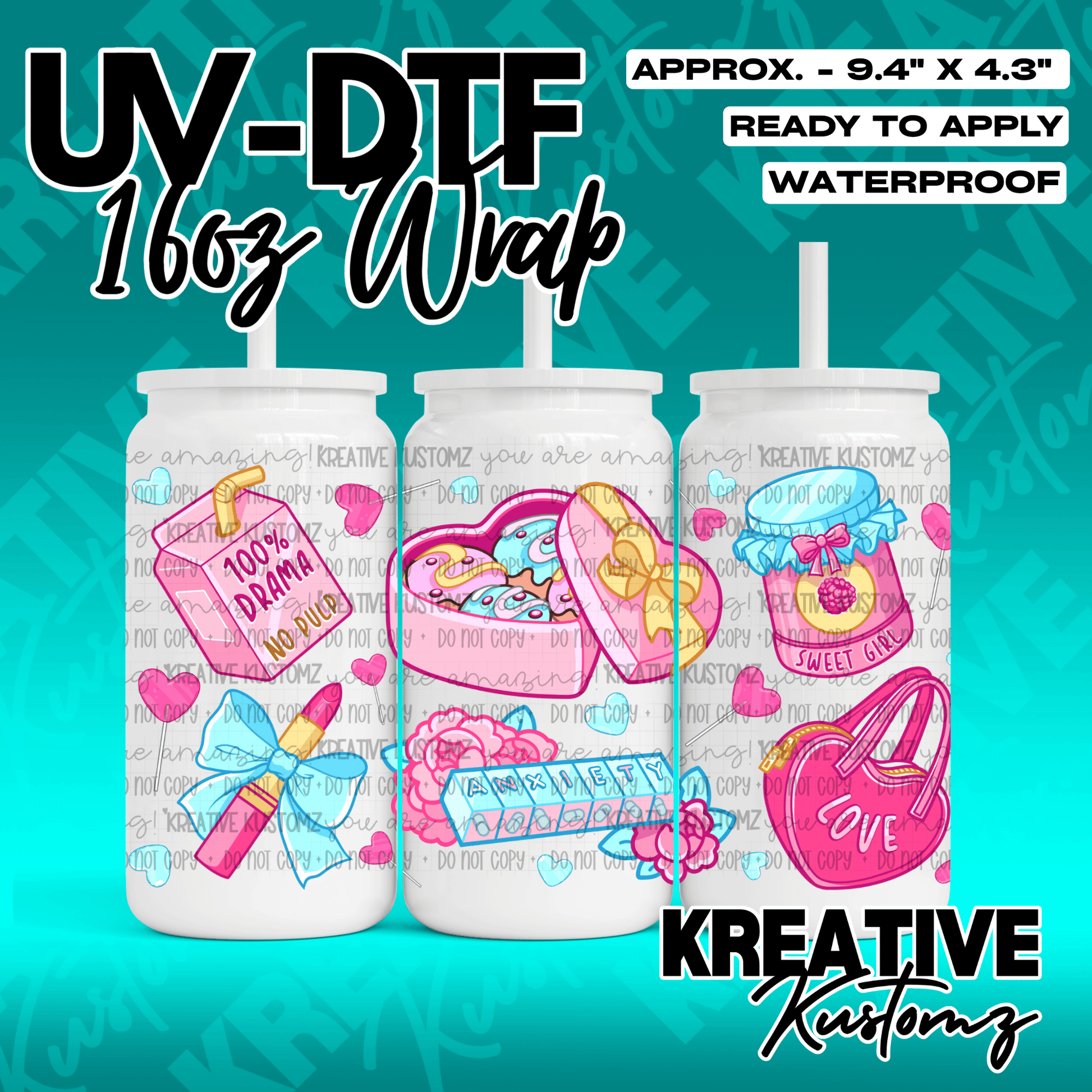 A UV DTF adhesive wrap for 16oz glass cans featuring pink and blue illustrations of girly items.