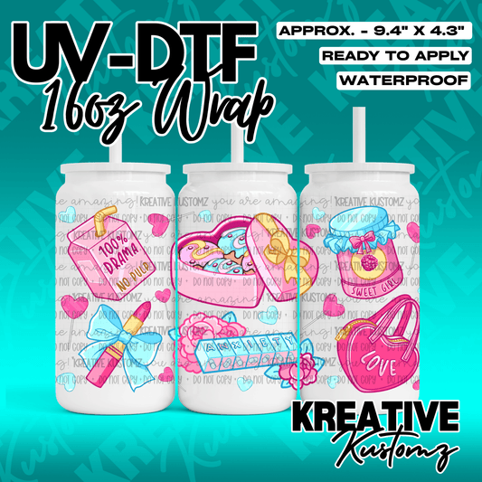 A UV DTF adhesive wrap for 16oz glass cans featuring pink and blue illustrations of girly items.