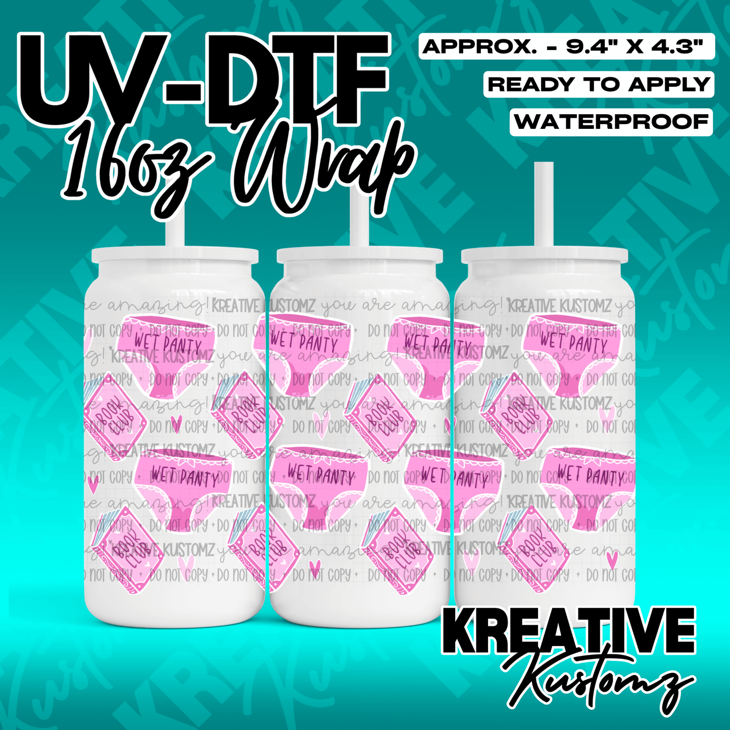 A UV DTF adhesive cup wrap featuring a repeating pattern of pink panties and books.
