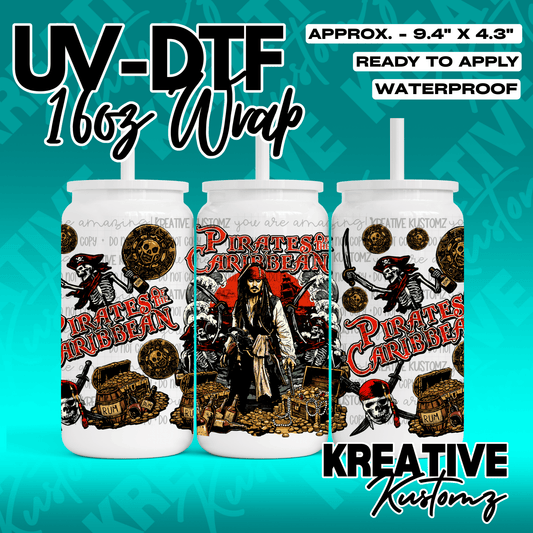 A Pirates of the Caribbean themed UV DTF adhesive wrap for a 16oz glass can.
