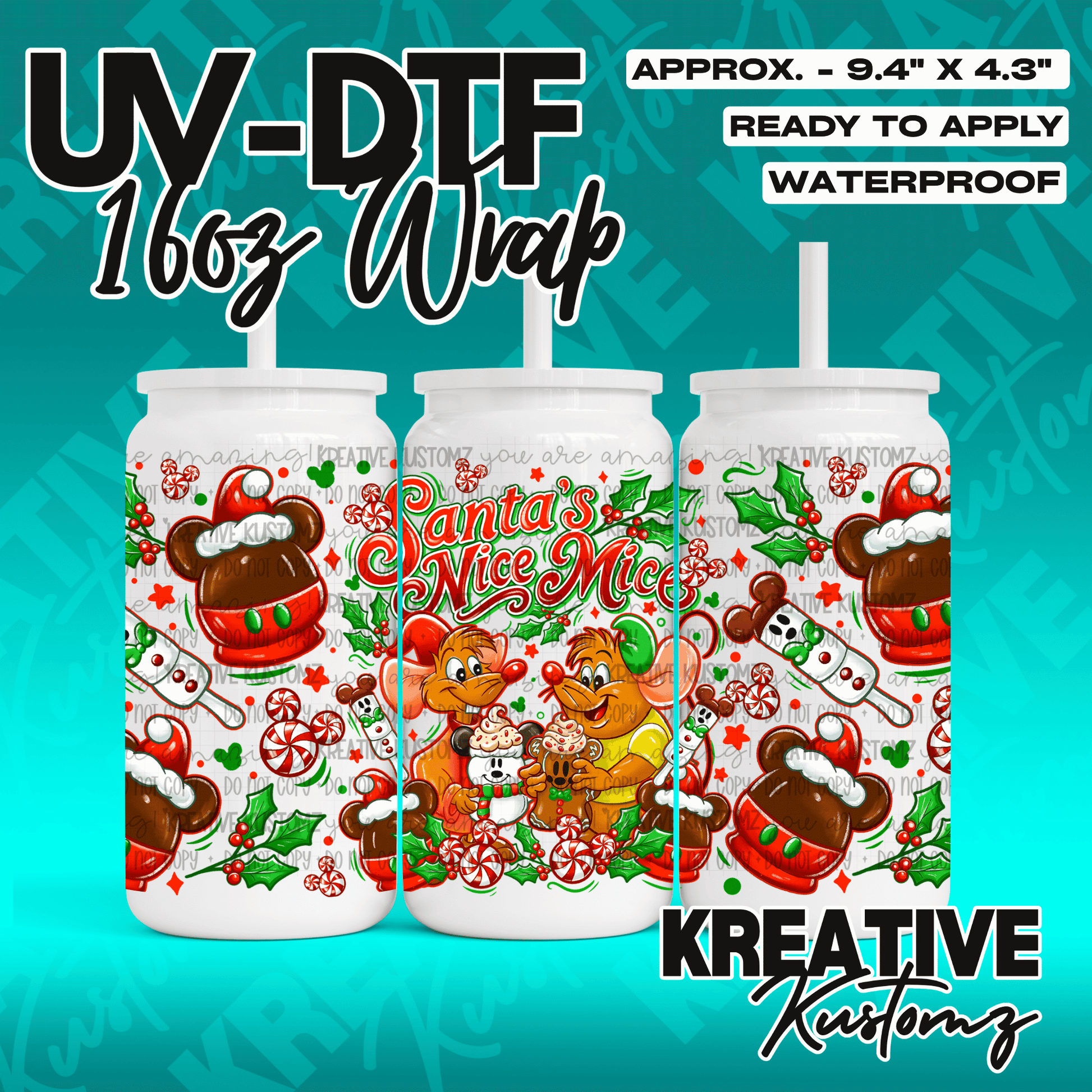 A festive Christmas-themed UV DTF adhesive wrap for 16oz glass cans featuring mice and holiday icons.