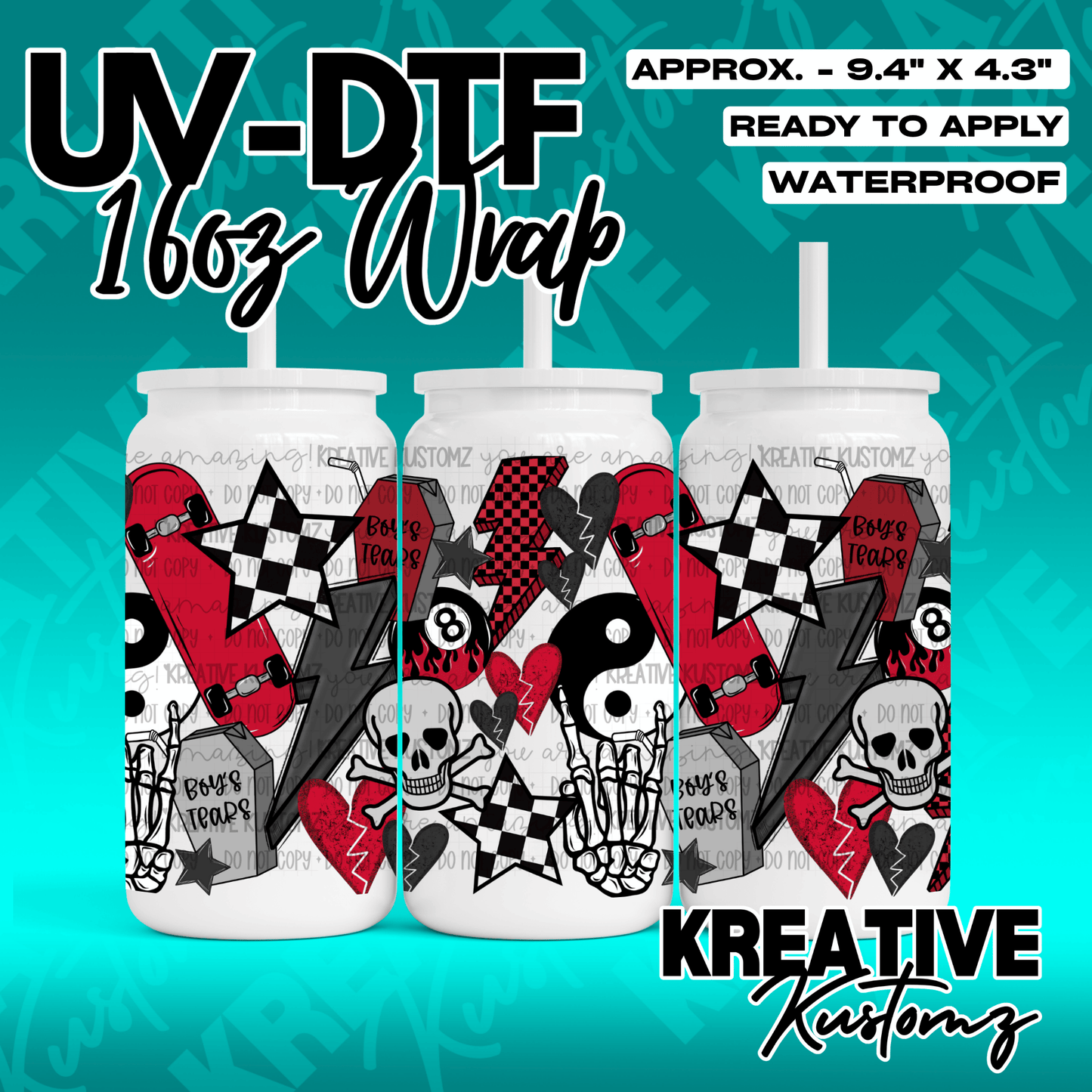 A 16oz glass can wrap featuring a punk-inspired design with skulls, skateboards, and hearts.