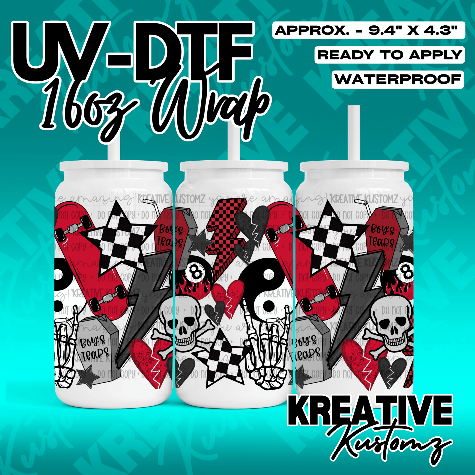 A 16oz glass can wrap featuring a punk-inspired design with skulls, skateboards, and hearts.