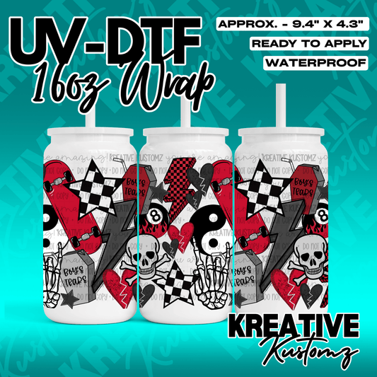 A 16oz glass can wrap featuring a punk-inspired design with skulls, skateboards, and hearts.