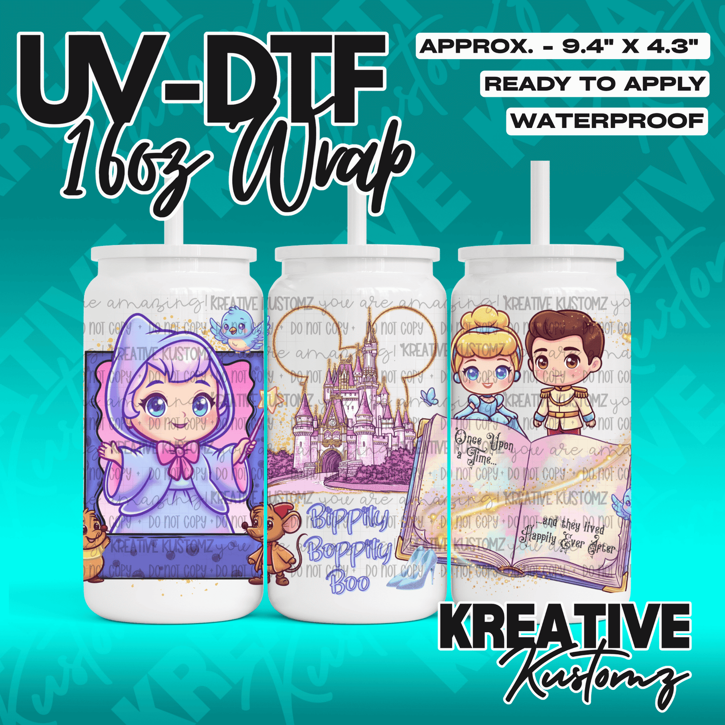 A UV DTF cup wrap featuring a Cinderella theme with a castle, characters, and storybook motifs.