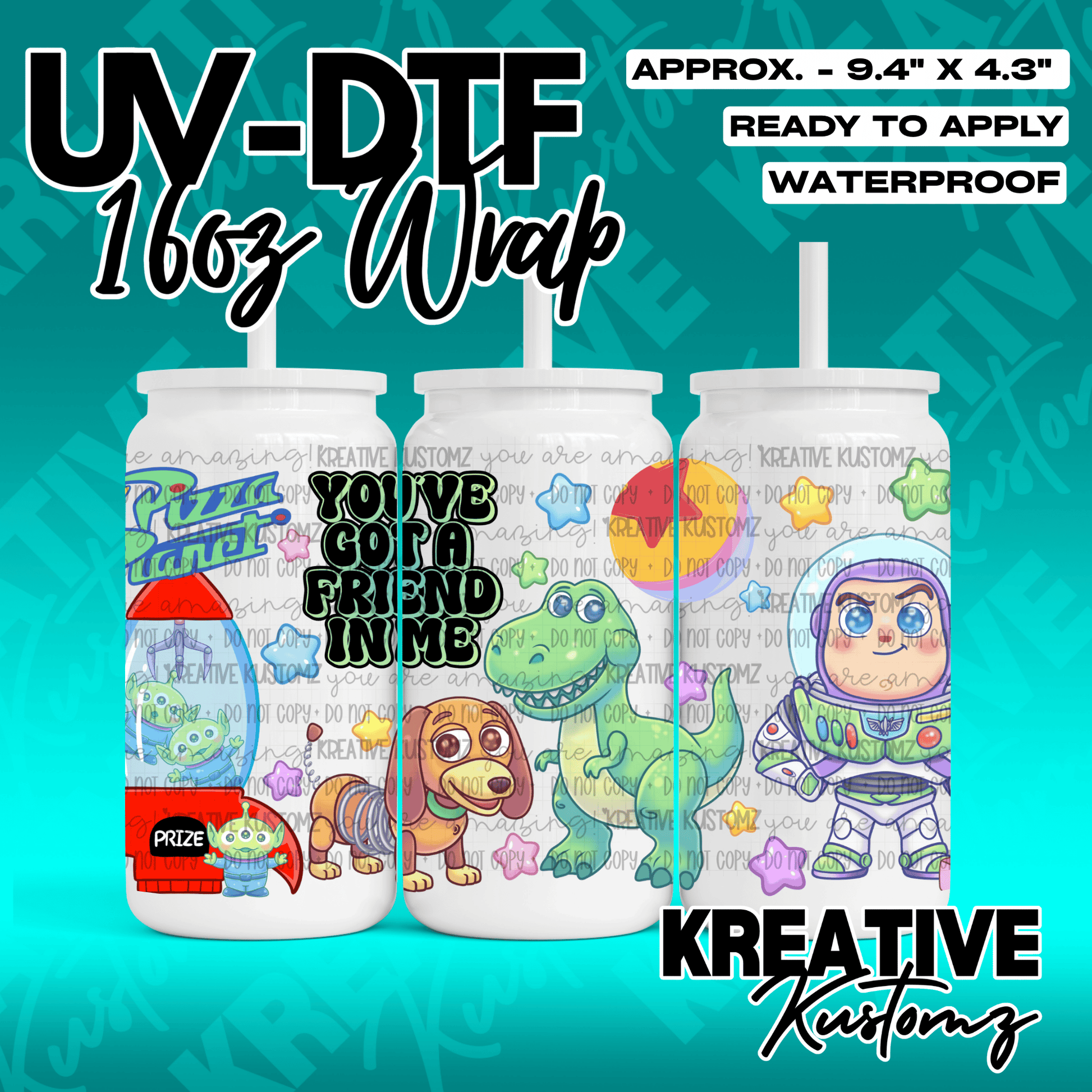 A Toy Story themed UV DTF cup wrap featuring characters like Buzz Lightyear and Rex.