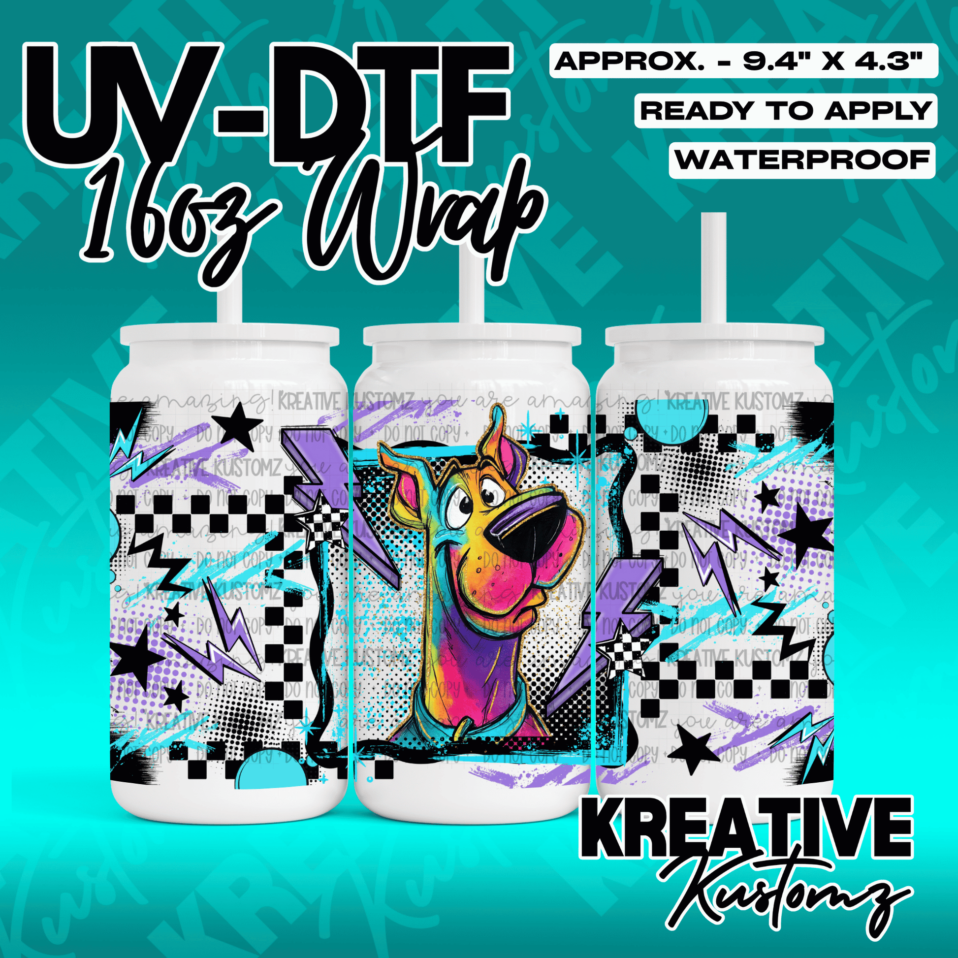 A Scooby-Doo themed UV DTF adhesive wrap for a 16oz glass can with a colorful retro design.