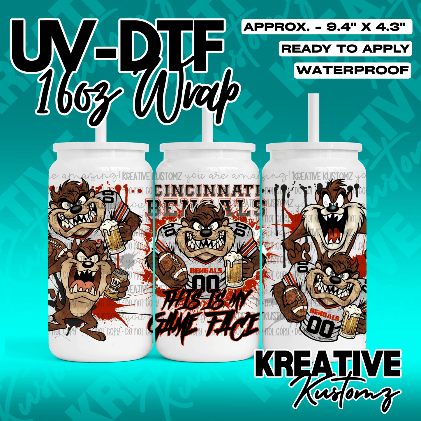 A UV DTF adhesive wrap for 16oz glass cans featuring Taz the Tasmanian Devil in Bengals gear.