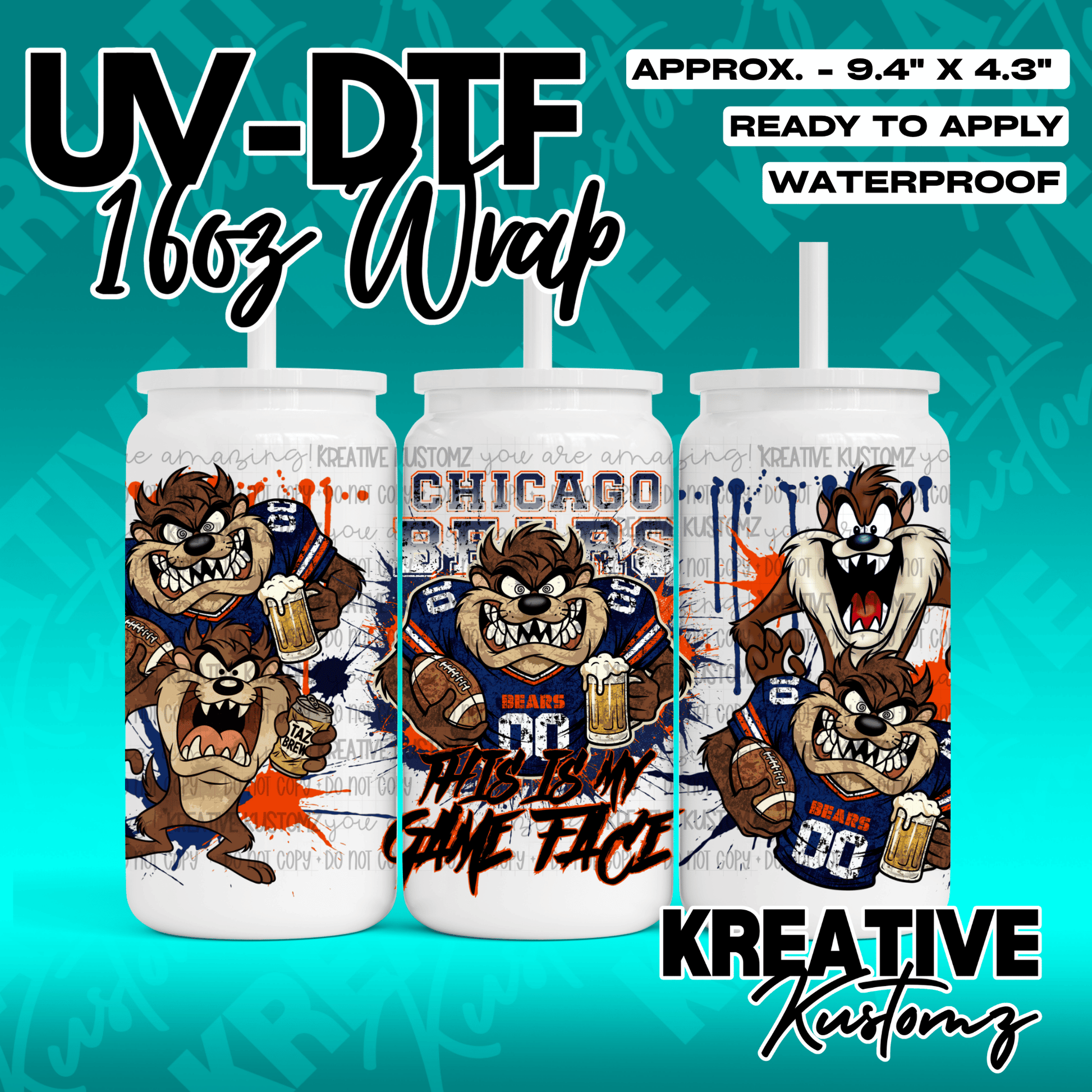 A UV DTF adhesive wrap for 16oz glass cans featuring Taz the Tasmanian Devil in Chicago Bears gear.