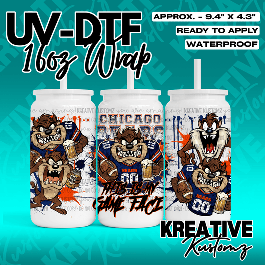 A UV DTF adhesive wrap for 16oz glass cans featuring Taz the Tasmanian Devil in Chicago Bears gear.