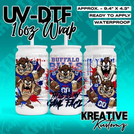 A UV DTF adhesive wrap for 16oz glass cans featuring Buffalo Bills themed Tasmanian Devil art.
